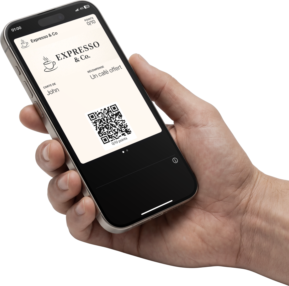 Carte de fidélité ajoutée à Apple Wallet, affichée sur un téléphone