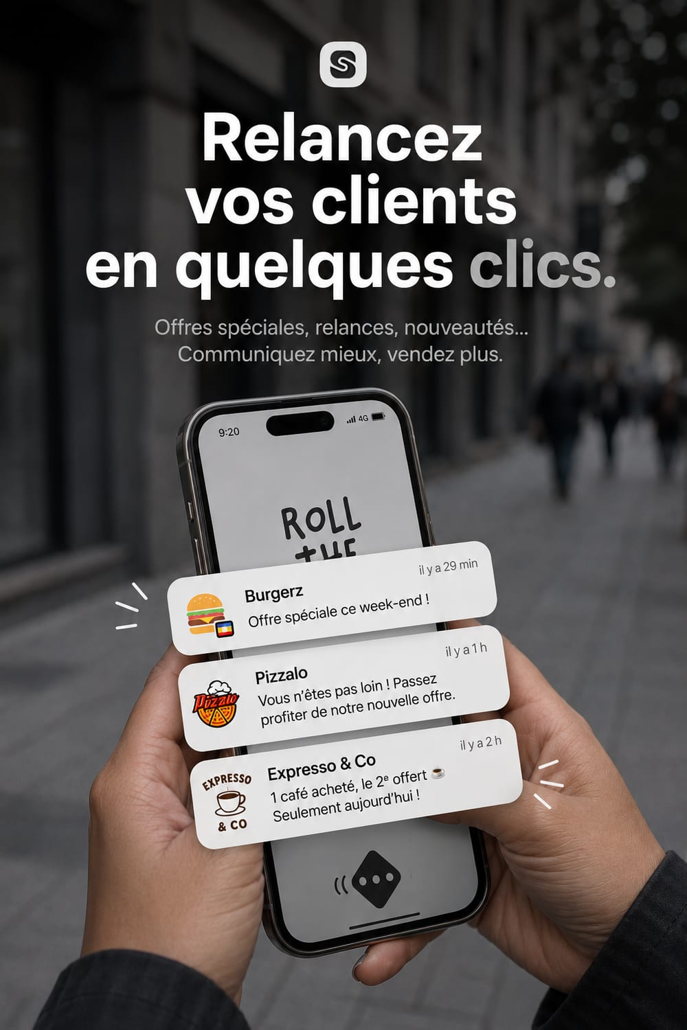 Notifications de relance envoyées par plusieurs commerces sur l'écran verrouillé d'un téléphone